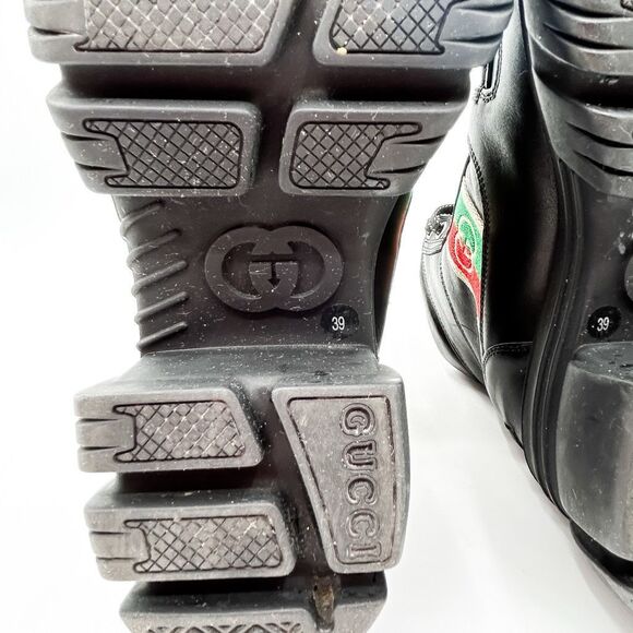 Gucci GG Web Stripe Lug Sole Black Leather Quebec Combat Boots Size 39, 9 - Picture 11 of 12
